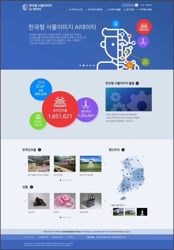 1월, AI 허브 홈페이지에 공개된 한국형 사물이미지 AI데이터 서비스 페이지 (사진제공: 미디어그룹사람과숲)