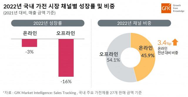 2022년 국내 가전 시장 채널별 성장률 및 비중 (제공: GfK Korea)