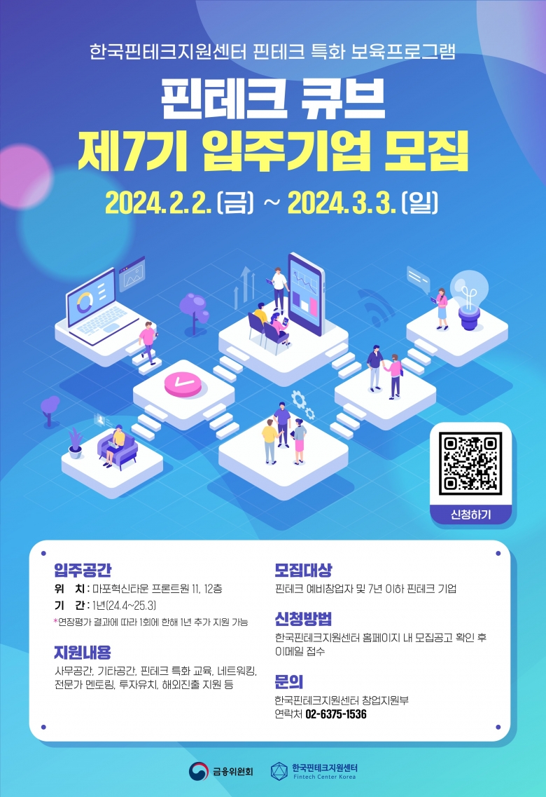 한국핀테크지원센터, ‘2024년 핀테크 큐브 7기’ 입주기업 12개사 선정